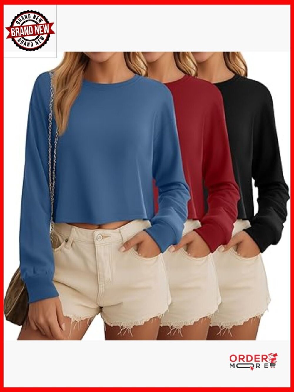 3 Pack Cotton Cropped Long Sleeve Tops Loose Fit Crew Neck Drop Shoulder Basic